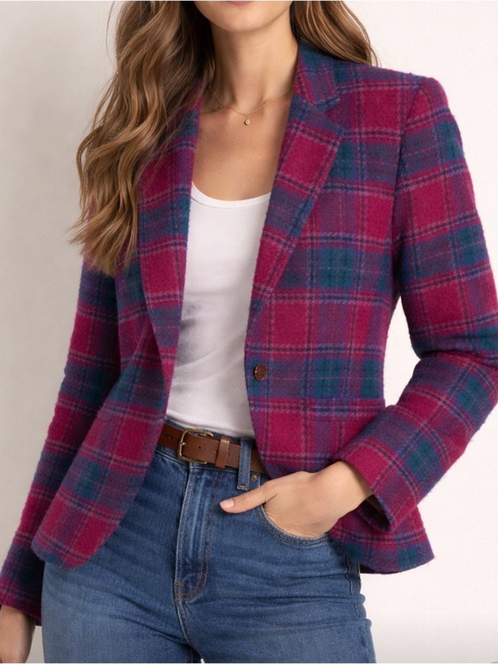Pendleton Vintage 100% Virgin Wool Pink Blue Gold Single Button Blazer Jacket